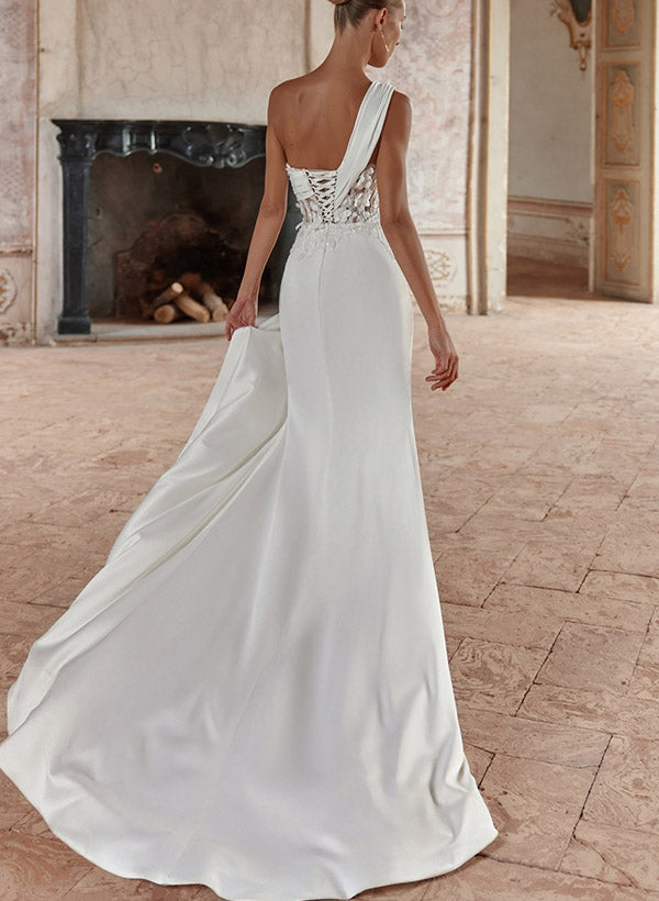 one shoulder backless wedding dress Plus Size One-Shoulder High Split Lace Bridal Gown with Sweep Train and Organza
