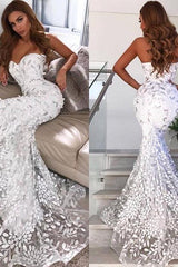 Open Back Leaf Appliques Chic Prom Dresses Mermaid Sweetheart Evening Dress-Ballbella