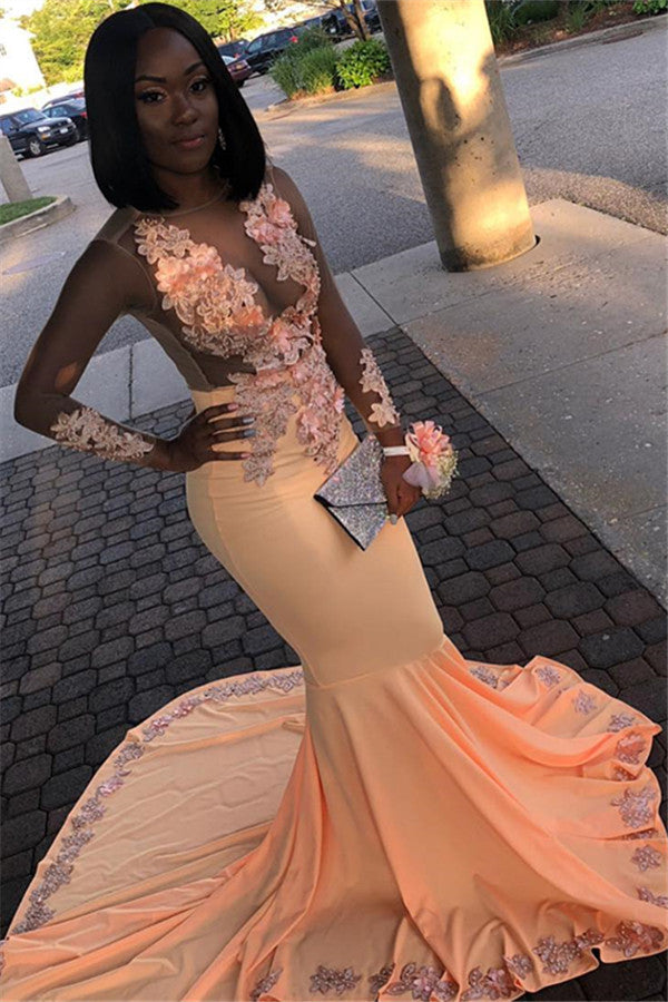 Orange Sheer Tulle Flower Appliques Long-Sleeves Mermaid Prom Dresses Orange Sheer Tulle Flower Appliques Long-Sleeves Mermaid Prom Dresses
