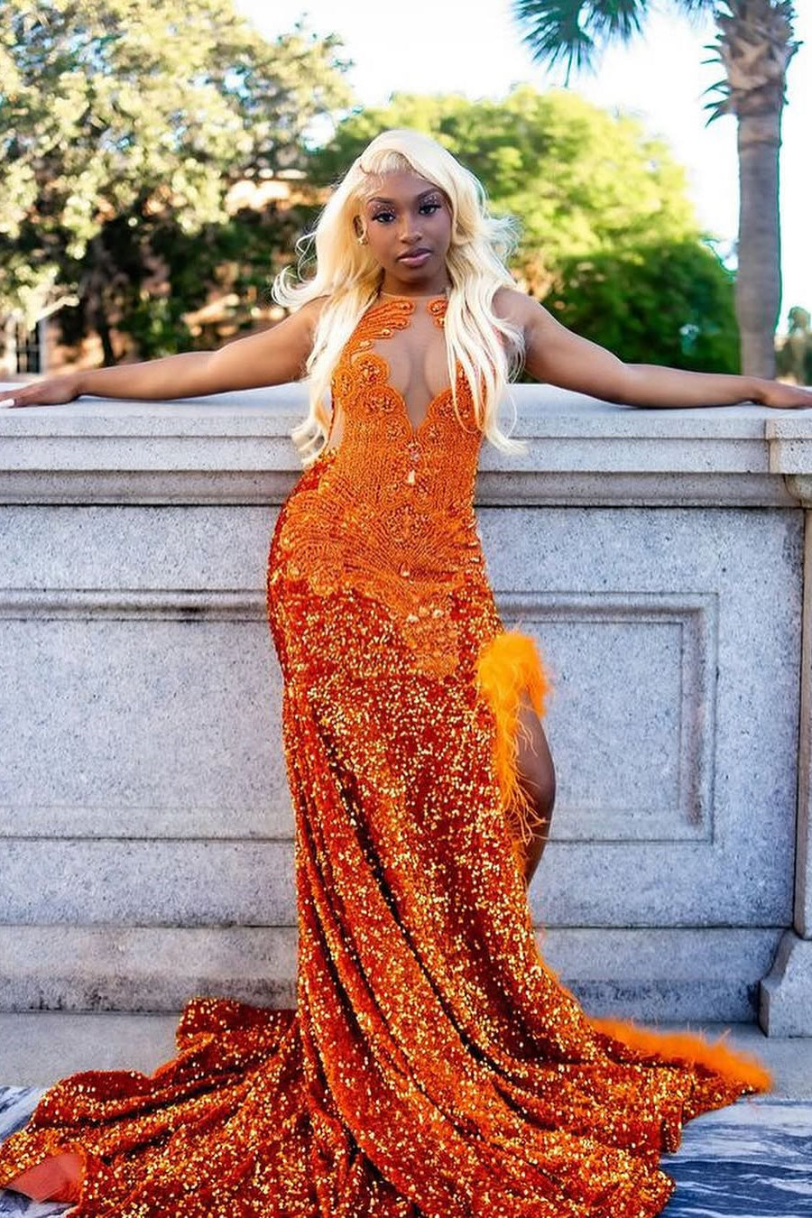 Orange Sleeveless Beaded Sequin Feathers Prom Dresses Orange Sleeveless Beaded Sequin Feathers Prom Dresses