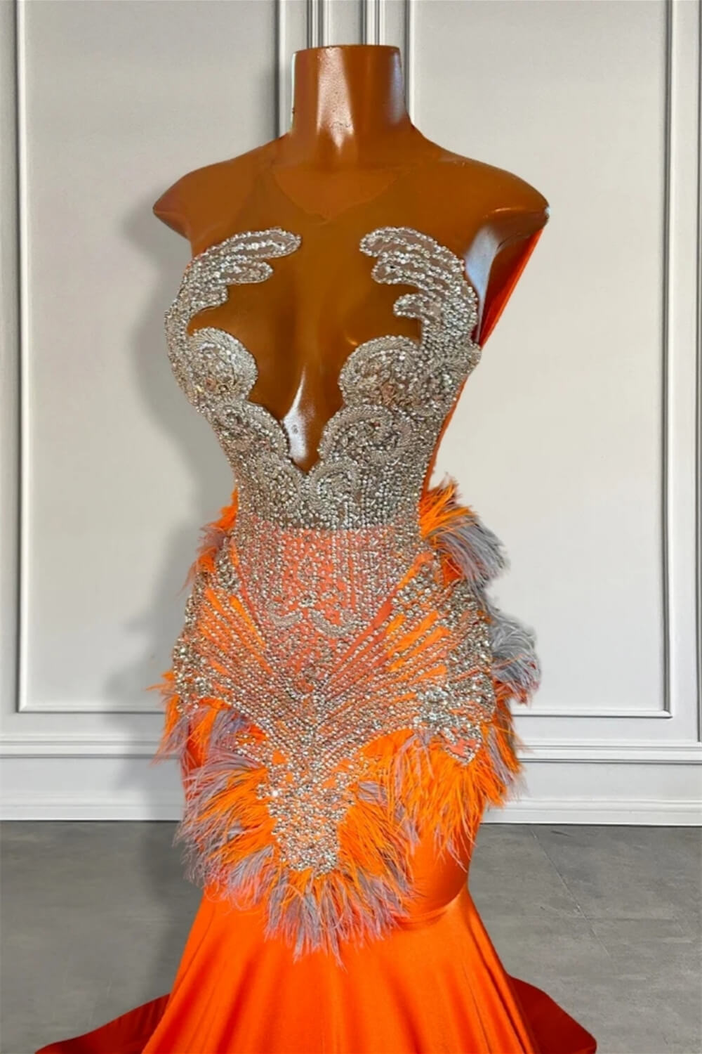 Orange Sleeveless Illusion Mermaid Prom Dresses With Beadings and Feather Orange Sleeveless Illusion Mermaid Prom Dresses With Beadings and Feather