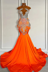 Orange Sleeveless Illusion Mermaid Prom Dresses With Beadings and Feather-Ballbella