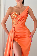 Orange Sleeveless Mermaid Evening Dress Long Slit With Beads-Ballbella