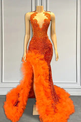 Orange Sleeveless Mermaid Prom Dress with Side Slit and Tulle Beadings-Ballbella