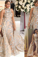 Overskirt Champagne Silver Beading Lace Appliques Chic Sleeveless Prom Dresses-Ballbella