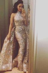 Overskirt Champagne Silver Beading Lace Appliques Chic Sleeveless Prom Dresses-Ballbella