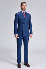 Peak Lapel Blue Mens Suits for Business Stripes Double Breasted Mens Suits-Ballbella