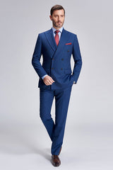 Peak Lapel Blue Mens Suits for Business Stripes Double Breasted Mens Suits-Ballbella