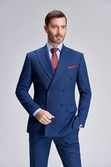 Peak Lapel Blue Mens Suits for Business Stripes Double Breasted Mens Suits-Ballbella