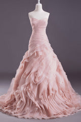 Pink A-Line Strapless Sweetheart Neck Tiered Sweep Wedding Gown-Ballbella