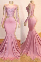 Pink Appliques Long Sleevess Prom Dresses New Arrival Gorgeous Mermaid Evening Gowns-Ballbella