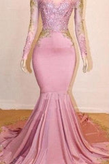 Pink Appliques Long Sleevess Prom Dresses New Arrival Gorgeous Mermaid Evening Gowns-Ballbella