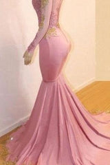 Pink Appliques Long Sleevess Prom Dresses New Arrival Gorgeous Mermaid Evening Gowns-Ballbella