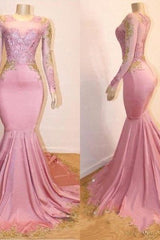 Pink Appliques Long Sleevess Prom Dresses New Arrival Gorgeous Mermaid Evening Gowns-Ballbella