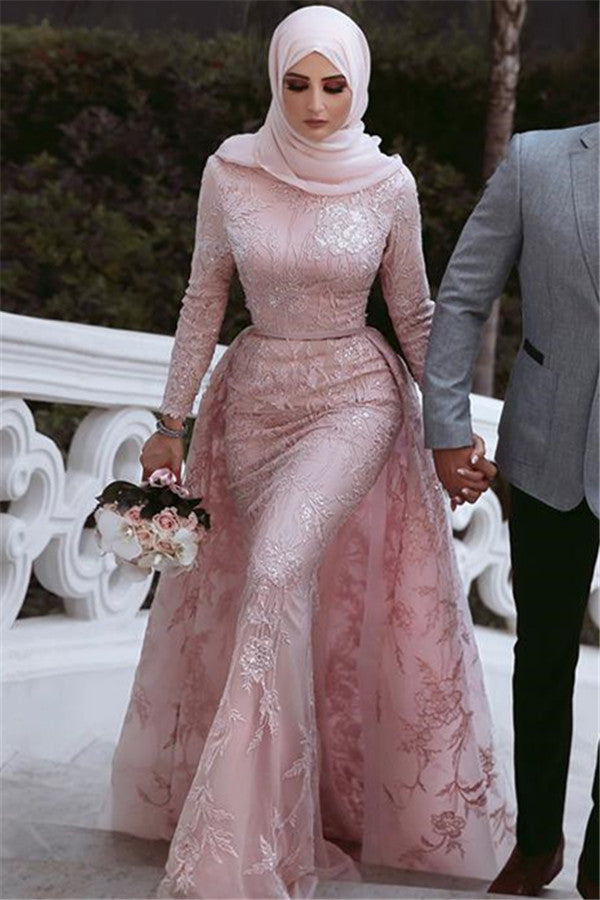 Pink Detachable Long-Sleeves Prom Dresses Appliques Lace Mermaid Evening Gowns Pink Detachable Long-Sleeves Prom Dresses Appliques Lace Mermaid Evening Gowns