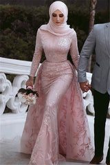 Pink Detachable Long-Sleeves Prom Dresses Appliques Lace Mermaid Evening Gowns-Ballbella