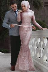Pink Detachable Long-Sleeves Prom Dresses Appliques Lace Mermaid Evening Gowns-Ballbella