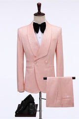 Pink Double Breasted Jacquard shawl Lapel Wedding Men Suits-Ballbella