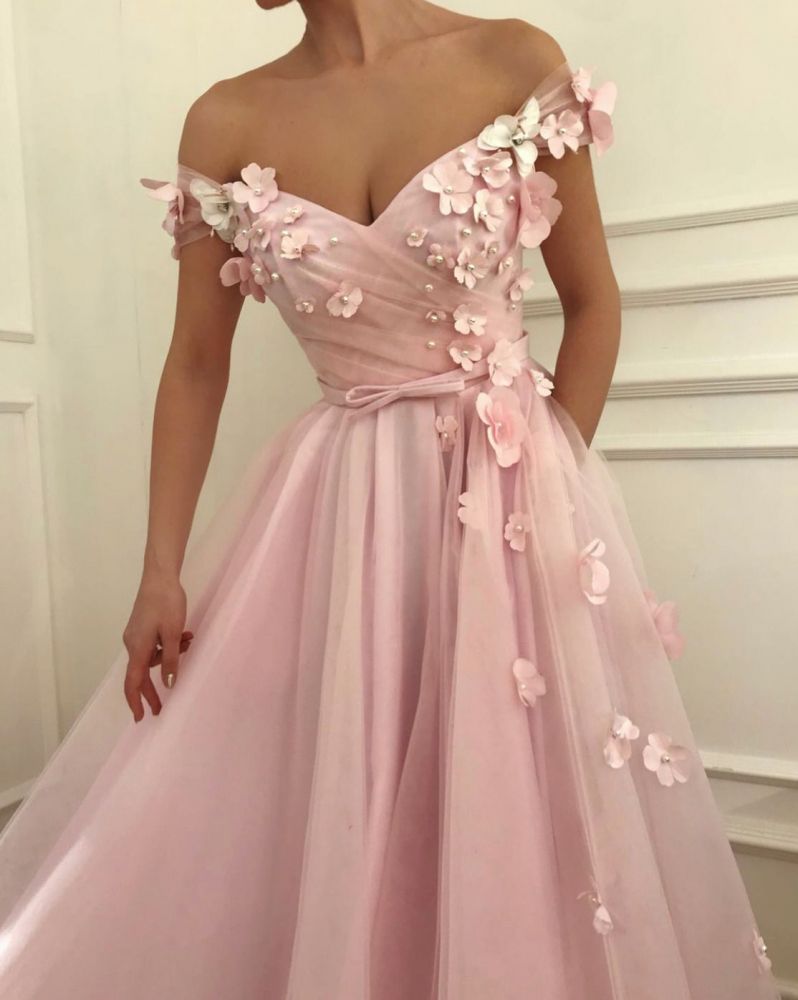 Pink Flowers A-Line Tulle Long Prom Party Gowns