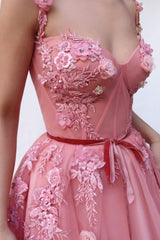 Pink Gorgeous A-line Spaghetti Tulle Flower Applique Prom Dresses-Ballbella