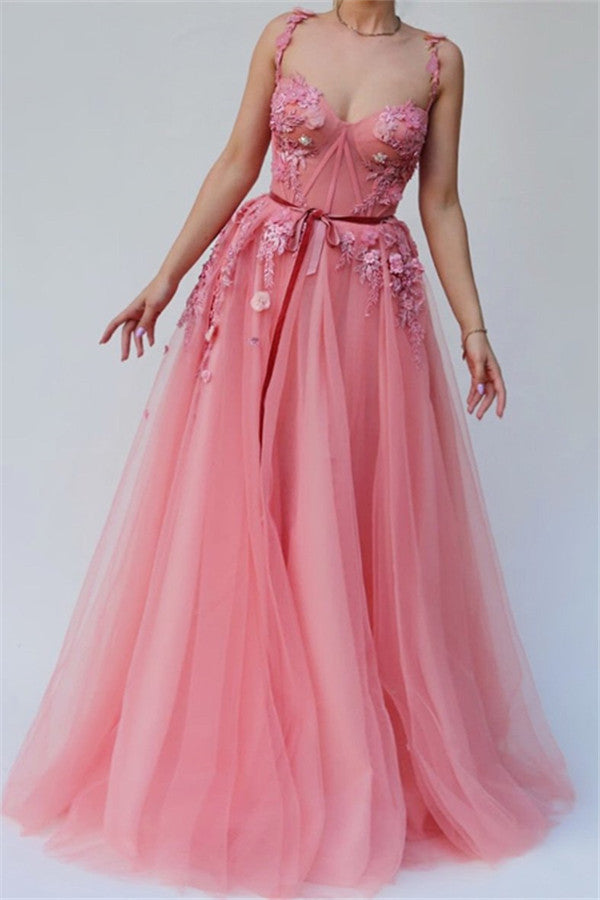 Pink Gorgeous A-line Spaghetti Tulle Flower Applique Prom Dresses Ballbella Pink Gorgeous A-line Spaghetti Tulle Flower Applique Prom Dresses Ballbella