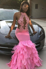 Pink Halter Mermaid Feather Prom Party GownsAppliques Evening Dressing-Ballbella