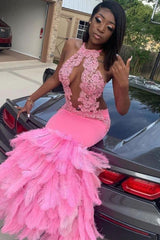 Pink Halter Mermaid Feather Prom Party GownsAppliques Evening Dressing-Ballbella