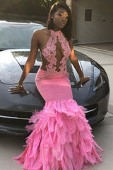 Pink Halter Mermaid Feather Prom Party GownsAppliques Evening Dressing-Ballbella