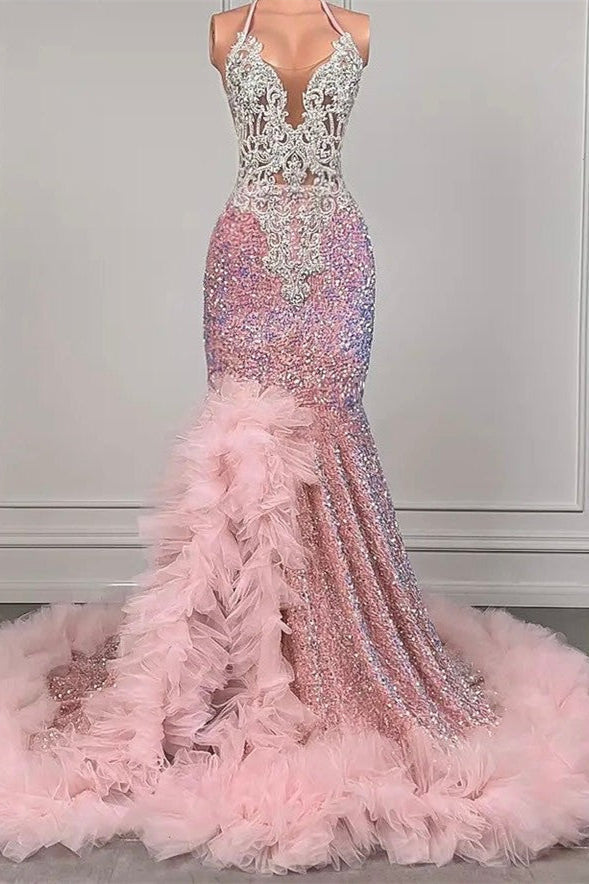 Pink Halter Mermaid Prom Dress with Sequins Beadings and Tulle Ruffle Ballbella Pink Halter Mermaid Prom Dress with Sequins Beadings and Tulle Ruffle Ballbella