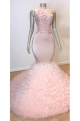 Pink Halter Sleeveless Mermaid Prom Dresses New Arrival Chic Open Back Lace Tulle Evening Gowns-Ballbella