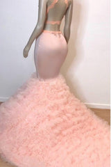 Pink Halter Sleeveless Mermaid Prom Dresses New Arrival Chic Open Back Lace Tulle Evening Gowns-Ballbella