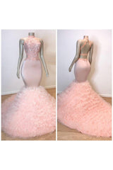 Pink Halter Sleeveless Mermaid Prom Dresses New Arrival Chic Open Back Lace Tulle Evening Gowns-Ballbella