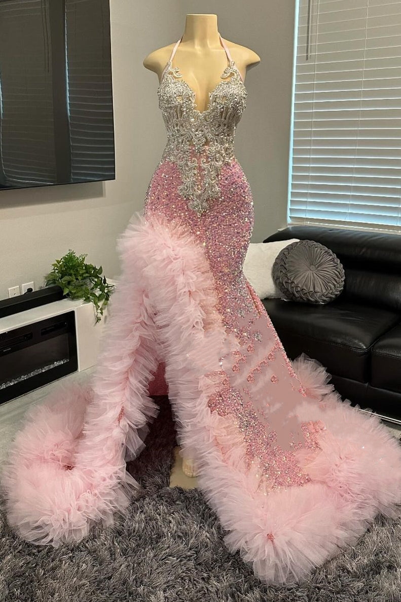 Pink Halter Tulle Ruffles High Split Prom Dresses Pink Halter Tulle Ruffles High Split Prom Dresses