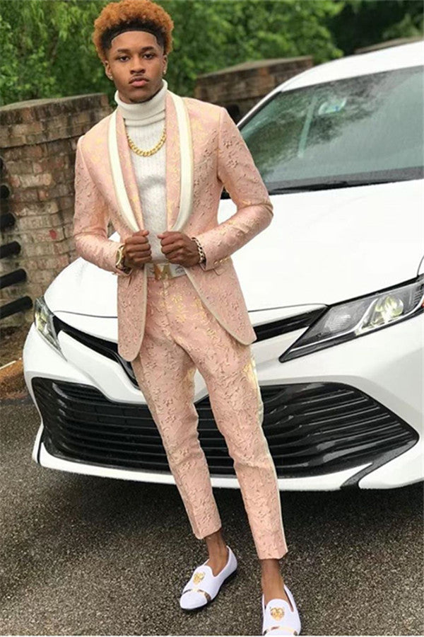 Pink Jacquard Men Suit for Prom Online Shawl Lapel Prom Outfit Pink Jacquard Men Suit for Prom Online Shawl Lapel Prom Outfit