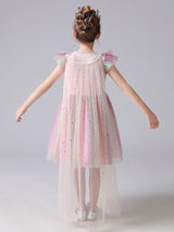 Pink Jewel Neck Short Sleeves Kids Social Party Dresses Princess Dress-Ballbella