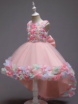 Pink Jewel Neck Sleeveless Bows Flowers Tulle Polyester Cotton Formal Kids Pageant flower girl dresses-Ballbella