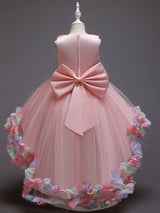 Pink Jewel Neck Sleeveless Bows Flowers Tulle Polyester Cotton Formal Kids Pageant flower girl dresses-Ballbella