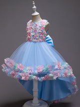 Pink Jewel Neck Sleeveless Bows Flowers Tulle Polyester Cotton Formal Kids Pageant flower girl dresses-Ballbella