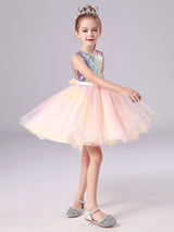 Pink Jewel Neck Tulle Sleeveless Short Princess Dress Bows Formal Kids Pageant flower girl dresses-Ballbella