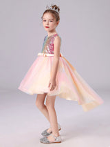 Pink Jewel Neck Tulle Sleeveless Short Princess Dress Bows Formal Kids Pageant flower girl dresses-Ballbella