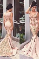 Pink Lace-Appliques Mermaid Sleeveless Prom Dresses-Ballbella