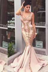Pink Lace-Appliques Mermaid Sleeveless Prom Dresses-Ballbella