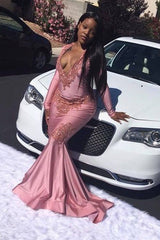 Pink Mermaid Long Sleevess V-neck Floor Length Prom Dresses-Ballbella