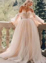 Pink Romantic Long Sleeves Off-The-Shoulder Wedding Dresses Lace-Ballbella
