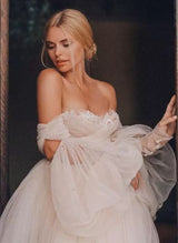 Pink Romantic Long Sleeves Off-The-Shoulder Wedding Dresses Lace-Ballbella