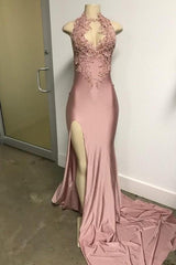 Pink Sleeveless Front Slit Appliques Long Mermaid Prom Dresses-Ballbella