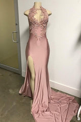 Pink Sleeveless Front Slit Appliques Long Mermaid Prom Dresses-Ballbella