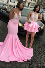 Pink V-neck Halter Sleeveless Appliques Long Mermaid Prom Dresses-Ballbella