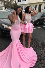 Pink V-neck Halter Sleeveless Appliques Long Mermaid Prom Dresses-Ballbella