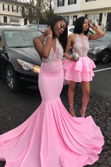 Pink V-neck Halter Sleeveless Appliques Long Mermaid Prom Dresses-Ballbella